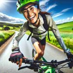 A high-definition image showcasing the joy of bike riding. The scene unfolds on a country road cutting through scenic, verdant fields under a clear blue sky. A cyclist, a South Asian woman, is pictured in mid-motion riding her mountain bike, exuding joy and freedom. She is wearing high-quality adventure gear which includes a neon green helmet, a waterproof trail jacket, and durable mountain biking gloves. The sparkle in her eyes and the wide grin on her face emulates the thrill and happiness she feels amidst nature while cycling.