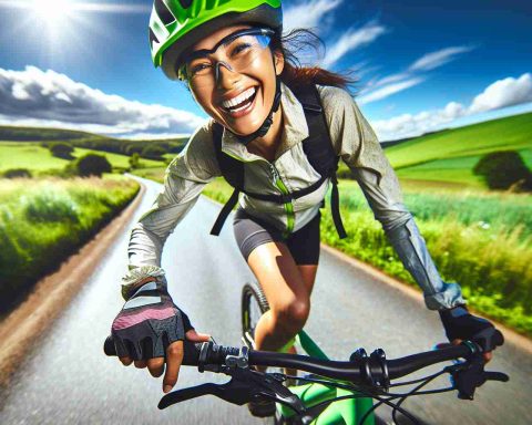 A high-definition image showcasing the joy of bike riding. The scene unfolds on a country road cutting through scenic, verdant fields under a clear blue sky. A cyclist, a South Asian woman, is pictured in mid-motion riding her mountain bike, exuding joy and freedom. She is wearing high-quality adventure gear which includes a neon green helmet, a waterproof trail jacket, and durable mountain biking gloves. The sparkle in her eyes and the wide grin on her face emulates the thrill and happiness she feels amidst nature while cycling.