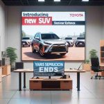 Generate a hyperrealistic, high-definition image of a shiny, new SUV from Toyota, parked in a well-lit showroom. In the background, there should be a banner that reads 'Introducing the New SUV'. On a TV screen nearby, show a news headline stating 'Yaris Sedan Production Ends'.