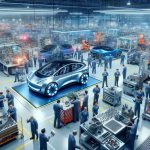 A detailed, high-resolution photo depicting a scene of collaboration between two large, unnamed global automotive companies renowned for their contributions to the electric vehicle industry. The scene is set in an advanced automotive manufacturing plant with state-of-the-art machinery and innovation visible in every corner. Engineers of mixed genders and from various descents are busily working together, sharing ideas and inspecting vehicle parts. The atmosphere is buzzing with enthusiasm and progress. In the center, there are two concept models of futuristic electric vehicles, symbols of their landmark collaboration.