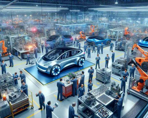 A detailed, high-resolution photo depicting a scene of collaboration between two large, unnamed global automotive companies renowned for their contributions to the electric vehicle industry. The scene is set in an advanced automotive manufacturing plant with state-of-the-art machinery and innovation visible in every corner. Engineers of mixed genders and from various descents are busily working together, sharing ideas and inspecting vehicle parts. The atmosphere is buzzing with enthusiasm and progress. In the center, there are two concept models of futuristic electric vehicles, symbols of their landmark collaboration.