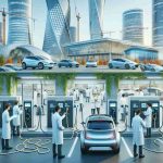 Create a realistic HD image of an advanced electric vehicle charging station, bustling with activity. The image should depict scientists and engineers of various descents and genders diligently testing the infrastructure. Include a diversity of electric cars, both plugged in and waiting, against the backdrop of a modern cityscape with sustainable architecture. The focus should be on the innovative technological advancements introduced in the charging system, such as quick-charging cables, automated power-flow control systems, and advanced user interfaces on the charging devices.