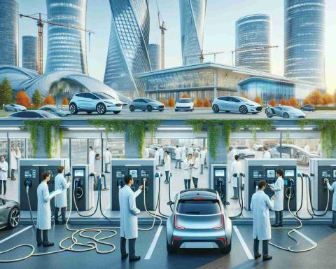 Create a realistic HD image of an advanced electric vehicle charging station, bustling with activity. The image should depict scientists and engineers of various descents and genders diligently testing the infrastructure. Include a diversity of electric cars, both plugged in and waiting, against the backdrop of a modern cityscape with sustainable architecture. The focus should be on the innovative technological advancements introduced in the charging system, such as quick-charging cables, automated power-flow control systems, and advanced user interfaces on the charging devices.