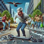 High-definition, realistic image of an upset customer, with a Caucasian descent and male gender, expressing his frustration with his malfunctioning electric scooter. He's in the midst of venting his anger by violently smashing the scooter on the ground in a busy city street, surrounded by shocked bystanders of various descents and genders. In the background, there's a distribution of urban elements - high rise buildings, parked cars, and people going about their everyday lives. The customer's action has started attracting attention and people are pulling out their phones to capture the unusual event.