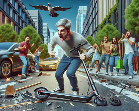 High-definition, realistic image of an upset customer, with a Caucasian descent and male gender, expressing his frustration with his malfunctioning electric scooter. He's in the midst of venting his anger by violently smashing the scooter on the ground in a busy city street, surrounded by shocked bystanders of various descents and genders. In the background, there's a distribution of urban elements - high rise buildings, parked cars, and people going about their everyday lives. The customer's action has started attracting attention and people are pulling out their phones to capture the unusual event.