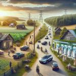 Generate a high-definition, realistic image illustrating the transition to electric vehicles in rural areas. Include elements such as dirt roads lined with greenery, the old gasoline stations being replaced by new electric charging stations, and people of varying descents and genders interacting with this change. Remember to depict a range of vehicles, from old combustion-engine cars to new, sleek electric models. Also, show rural houses in the background, landscape representing the serenity of rural life, and the juxtaposition of modern infrastructure against this backdrop.