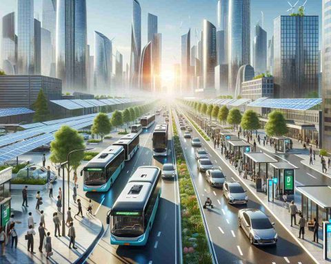 An ultra high-definition, realistic visual representation of urban transportation transformed with sustainable electric mobility. This includes state-of-the-art electric buses navigating through populated city streets, with modern skyscrapers in the background. People of diverse descents and genders can be seen waiting at bus stops, commuting to and from work. Solar panels are placed on the roofs of buildings, highlighting the city's commitment to renewable energy. Electric charging stations have replaced traditional gas stations, showcasing the city's transition to electric vehicles. The overall atmosphere is vibrant, signaling a positive change in urban life.