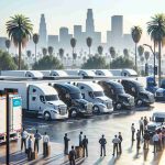 High-definition, realistic imagery of an innovative incentive program happening in California, designed to boost the use of electric trucks. The scene should depict a range of electric trucks of different sizes and makes, parked in a setting that indicates it is California, perhaps with palm trees or famous landmarks in the background. There should also be some signage or banners promoting the incentive program. As a key part of the scene, show people of diverse descents - Hispanic, Caucasian, Black, South Asian, and Middle-Eastern - all engaging with the electric trucks, learning about them, and showing interest.