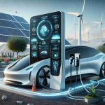 Create a realistic HD image showcasing an innovative charging station. The scene depicts the futuristic revolution of the electric vehicle industry. A sleek, modern electric vehicle sits plugged into a state-of-the-art charging dock. The dock features cutting-edge design, demonstrates wireless charging technology, and multimedia interface with infographics showing charging status and energy consumption. The surroundings include solar panels and wind turbines, indicating the use of renewable energy sources. In the background, people of different genders and descents, representing both consumers and engineers, admiring this advancement in technology.