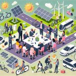 Create a detailed and high definition image representing the concept of sustainable transportation. Show a diverse group of people- males, females, Black, White, Asian, and Hispanic- discussing various eco-friendly transportation options around a table. Include visuals such as bicycles, electric cars, and hybrid buses in the background to represent the sustainable alternatives. Also portray solar panels and wind turbines to depict the source of renewable energy. The overall mood should be of positive consensus, leading the way to a greener future.