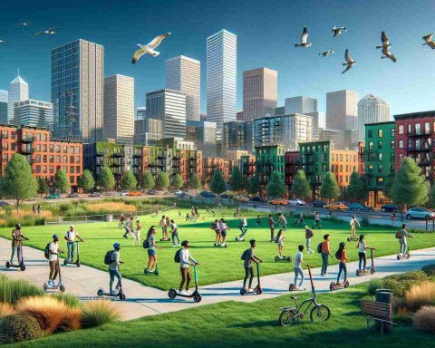 A realistic high-definition image illustrating Denver's embrace of sustainable urban mobility through the introduction of new micro-mobility partnerships. The scene includes green spaces, people of diverse descents and genders using various modes of micro-mobility like e-scooters, bikes, and compact electric vehicles, juxtaposed against the backdrop of Denver's cityscape, known for its blend of modern architecture and preserved historical buildings.