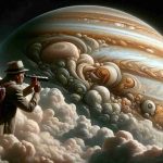 Realistically detailed, high definition image of a curious onlooker finding unseen shapes in the swirling clouds of the planet Jupiter. The viewer may imagine seeing some shapes as common terrestrial objects, others as fantastical creatures, each one offering a delightful surprise upon discovery.