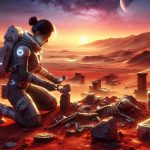 A high-definition, realistic rendering of an explorer unearthing ancient ruins on the vibrant red planet of Mars. The explorer, an Asian woman equipped with a futuristic space suit and tools, carefully uncovers relics from another era against the backdrop of Mars' barren landscape, striking red soil and barren, rocky terrain. Glimpses of a Martian sunset cast an ethereal light onto the scene, illuminating intricate details of the ruins that hint at past civilizations. Included in the scene are distinct Martian features such as towering mountains, vast canyons, and large craters.