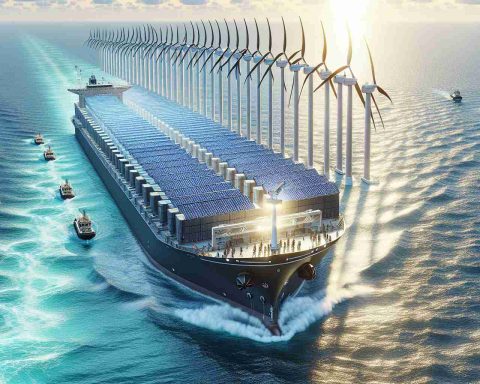 A highly detailed and realistic image showcasing the revolution of clean energy in the maritime industry. Picture a vast ocean with a monstrous cargo ship cutting through the azure waves, leaving no carbon emissions in its wake. The ship is powered by a large and sophisticated wind turbine system on deck, its blades majestically slicing through the air, coupled with rows of glittering solar panels, basking in the sunlight. Also portray some crew members on the ship, all of different genders and descents - Asian, Hispanic, and Caucasian - working harmoniously to maintain the renewable energy system, reflecting a future of diversity and sustainability.