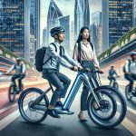 Generate a detailed hyper-realistic high-definition image capturing a pair of innovative electric bikes revolutionizing urban commuting. The bikes should be futuristic and advanced with unique features that support energy efficiency and easy mobility. The backdrop should depict a bustling, dynamic urban setting. To emphasize diversity, make one rider an Asian man, wearing a helmet for safety and backpack, and the second one a Caucasian woman, dressed in casual office wear. Remember to follow laws of traffic and illustrate the appropriate use of designated bike lanes.