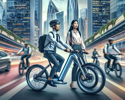 Generate a detailed hyper-realistic high-definition image capturing a pair of innovative electric bikes revolutionizing urban commuting. The bikes should be futuristic and advanced with unique features that support energy efficiency and easy mobility. The backdrop should depict a bustling, dynamic urban setting. To emphasize diversity, make one rider an Asian man, wearing a helmet for safety and backpack, and the second one a Caucasian woman, dressed in casual office wear. Remember to follow laws of traffic and illustrate the appropriate use of designated bike lanes.