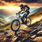 A high-definition, realistic image showcasing the excitement of a new adventure: electric mountain biking. Depict a rider suited in protective gear, speeding down a rugged mountain trail, against the backdrop of a stunning sunset. Let the trails be filled with rocks and roots, illustrating the challenges of the journey. The individual should be riding an electric mountain bike which is identifiable by aspects like a thicker frame to accommodate the battery and motor. Emphasize on the strength, agility and vast, untouched natural environment surrounding the activity.