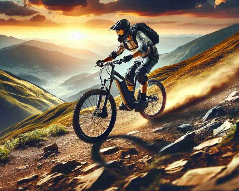 A high-definition, realistic image showcasing the excitement of a new adventure: electric mountain biking. Depict a rider suited in protective gear, speeding down a rugged mountain trail, against the backdrop of a stunning sunset. Let the trails be filled with rocks and roots, illustrating the challenges of the journey. The individual should be riding an electric mountain bike which is identifiable by aspects like a thicker frame to accommodate the battery and motor. Emphasize on the strength, agility and vast, untouched natural environment surrounding the activity.