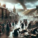 A realistic high-definition photo representing a tragic incident unfolding in a quaint village scene. The scene should convey distress and sorrow with people rushing about, their faces showing clear expressions of concern and worry. The buildings in the village should be old, with a vintage and rustic charm, perhaps showing signs of wear and tear. There should be a backdrop of hills or mountains to add depth to the scene and to hint at the isolation of the village. The sky should be overcast, signifying the ominous situation.