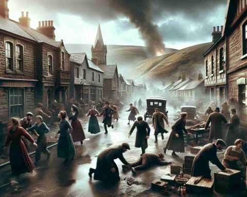 A realistic high-definition photo representing a tragic incident unfolding in a quaint village scene. The scene should convey distress and sorrow with people rushing about, their faces showing clear expressions of concern and worry. The buildings in the village should be old, with a vintage and rustic charm, perhaps showing signs of wear and tear. There should be a backdrop of hills or mountains to add depth to the scene and to hint at the isolation of the village. The sky should be overcast, signifying the ominous situation.