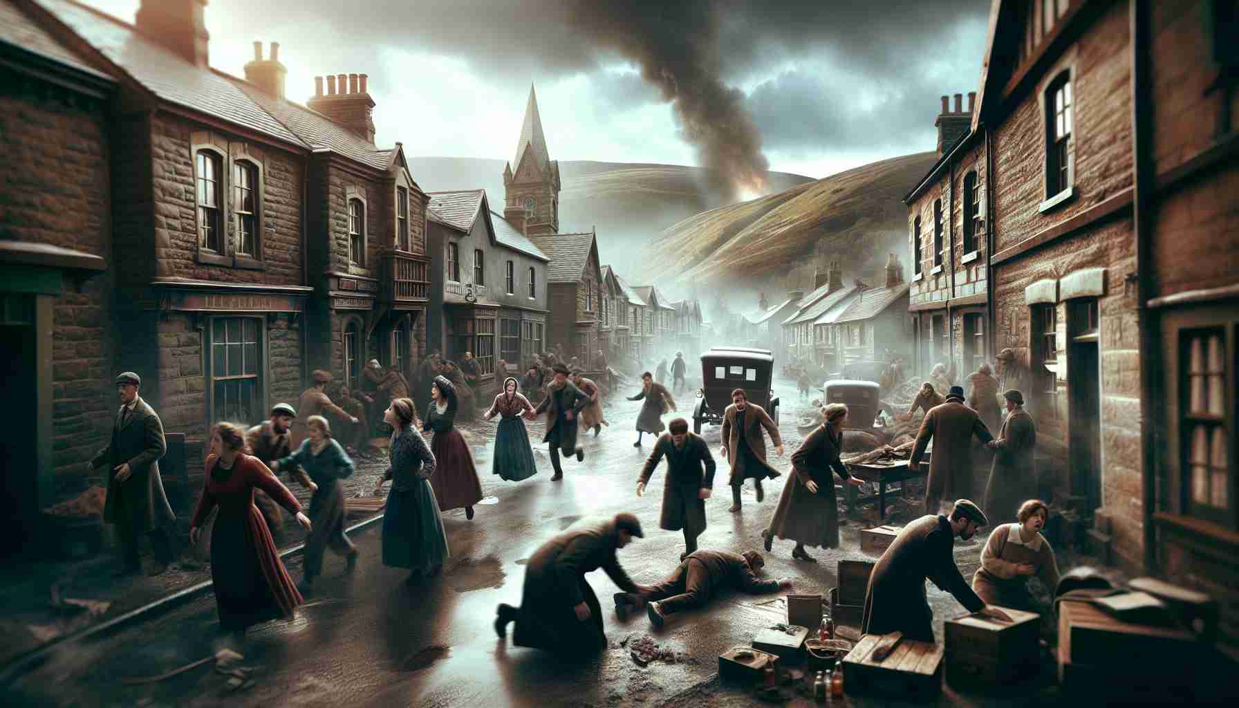 A realistic high-definition photo representing a tragic incident unfolding in a quaint village scene. The scene should convey distress and sorrow with people rushing about, their faces showing clear expressions of concern and worry. The buildings in the village should be old, with a vintage and rustic charm, perhaps showing signs of wear and tear. There should be a backdrop of hills or mountains to add depth to the scene and to hint at the isolation of the village. The sky should be overcast, signifying the ominous situation.