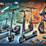 An intricate image of various safe and stylish electric rides with focus on important features. These rides could include a sleek electric scooter, a state-of-the-art skateboard, and a modern unicycle, each equipped with safety gear like helmets and knee pads. Note details such as vibrant color choices, ergonomic design elements, high-tech lighting systems for night use, and builds that suggest sturdy construction. The background could be an urban setting illustrating the environmental friendliness of these rides. The image should be in HD resembling a real-life photo.