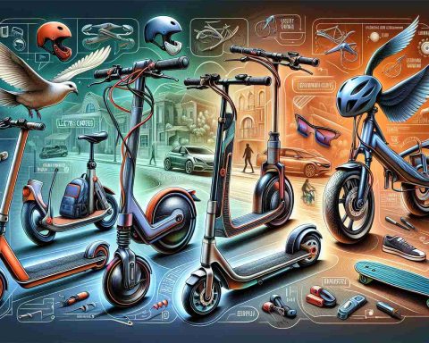 An intricate image of various safe and stylish electric rides with focus on important features. These rides could include a sleek electric scooter, a state-of-the-art skateboard, and a modern unicycle, each equipped with safety gear like helmets and knee pads. Note details such as vibrant color choices, ergonomic design elements, high-tech lighting systems for night use, and builds that suggest sturdy construction. The background could be an urban setting illustrating the environmental friendliness of these rides. The image should be in HD resembling a real-life photo.