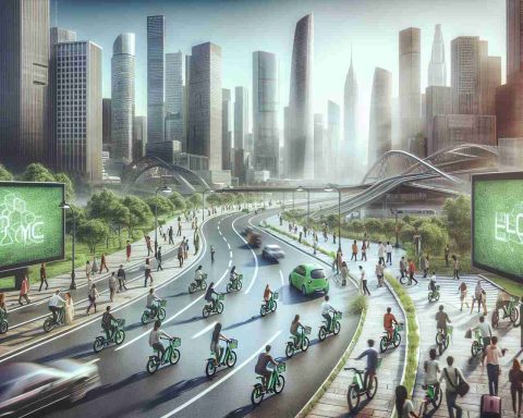 Generate a high-definition, realistic image that symbolizes 'Encouraging Green Mobility'. Visualize a cityscape with identifiable landmarks that hint at a well-developed, modern urban environment. In the image, emphasize on the promotion of electric bikes as a means of transport. Show an array of people of different age groups, genders, and descents actively using these electric bikes across diverse city paths. Lastly, include a digital billboard displaying an advertisement offering incentives for electric bike purchases, to highlight the city's effort in promoting green mobility.