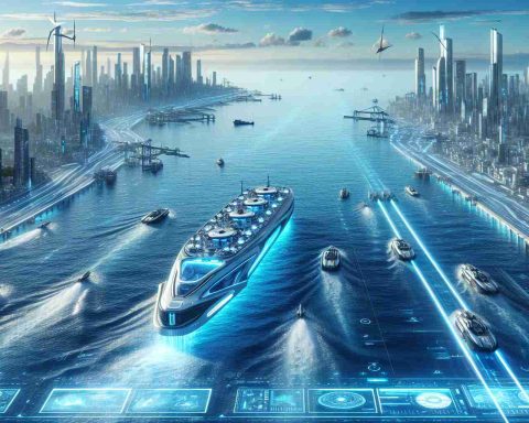 A photo-realistic HD image portraying the future of marine transportation. Please showcase a futuristic ocean with advanced ships demonstrating cutting-edge technologies such as energy-efficient propulsion systems, digital navigation tools, and eco-friendly energy sources. Illustrate the horizon with a technologically advanced cityscape and digitized systems for shipping and transportation logistics. The seascape should be clean and clear, symbolizing maritime sustainability and ecological responsibility, with abundant marine life, reflecting the harmony between advanced technology and marine ecosystems.