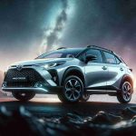 Create a realistic, high-definition image of a compact SUV, specifically the Toyota Yaris Cross. The vehicle should be featured in a dynamic setting that emphasizes its potential for adventure and affordability.