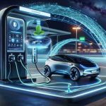 A high-definition image illustrating the revolution of electric vehicle charging through smart technology. This imagery should include a futuristic charging station with sleek, modern design elements. The station is equipped with a smart screen displaying various charging options and energy consumption data. Nearby, a state-of-the-art electric vehicle stands plugged-in. The emphasis is on the interaction of the smart technology with the vehicle, showcasing automatic adjustments, efficient energy use, and overall seamless integration into this renewable energy future.