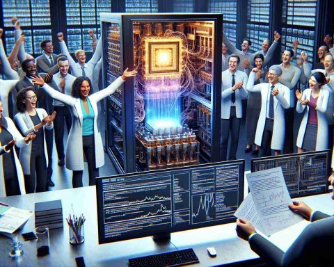 High definition realistic image illustrating a significant breakthrough in Quantum Computing by top researchers. The scene includes a state-of-the-art quantum computer with a glowing quantum chip, representing the innovative achievement. Nearby, a group of jubilant researchers celebrate their accomplishment. Include women and men of various descents such as Black, Caucasian, Hispanic, Middle-Eastern, South Asian, reflecting the inclusive and international nature of the scientific community. The researchers display papers detailing complex calculations and quantum theories. Also, depict the setting as a high-tech laboratory filled with other advanced scientific equipment.