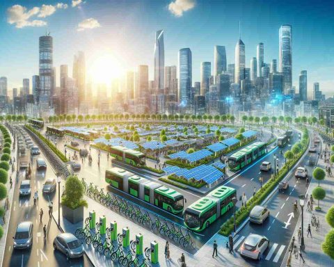 A realistic, high definition image representing the growth and rise of sustainable mobility initiatives. Visualize a bustling cityscape infused with green technological advancement. Features include efficient and environment-friendly public transportation like electric buses and solar-powered bicycles, rows of charging stations for electric cars, and walkways filled with people. The scene has clear skies and glowing sun to symbolize a brighter future. This image doesn't include any specific or real person.