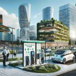 Generate a detailed and realistic high-definition image of a new electric vehicle charging station in a modern, progressive city. The scene showcases the newly unveiled policies, with signage displaying clear instructions. The cityscape reflects effective urban planning with green spaces and advanced infrastructure. Make the architectural style contemporary, with buildings boasting solar panels and vertical gardens. Include a diverse crowd of people — a Caucasian man, an Asian woman, a Hispanic child, and a Middle-Eastern elderly person — curiously examining the instructions and waiting to charge their environmentally-friendly cars.