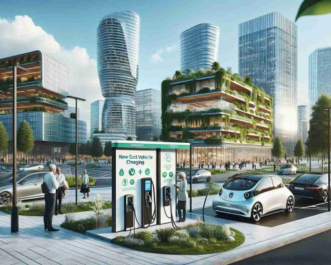 Generate a detailed and realistic high-definition image of a new electric vehicle charging station in a modern, progressive city. The scene showcases the newly unveiled policies, with signage displaying clear instructions. The cityscape reflects effective urban planning with green spaces and advanced infrastructure. Make the architectural style contemporary, with buildings boasting solar panels and vertical gardens. Include a diverse crowd of people — a Caucasian man, an Asian woman, a Hispanic child, and a Middle-Eastern elderly person — curiously examining the instructions and waiting to charge their environmentally-friendly cars.