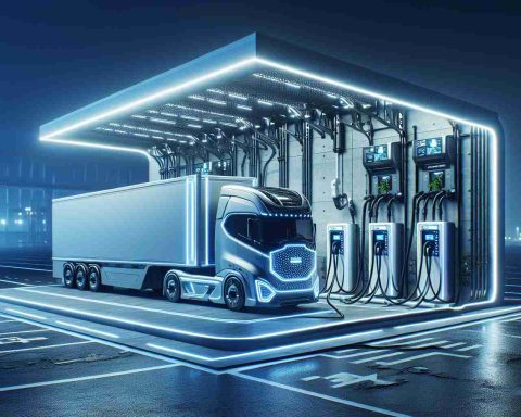 Render a detailed and high-definition image of a groundbreaking solution for charging electric trucks. The design must align with cutting-edge technology, showing a state-of-the-art charging station that starkly defies conventional methods. It should clearly denote a scene from the future wherein charging electric trucks takes significantly less time and is vastly more efficient. It should highlight advanced features, such as smart power management systems, intelligent electric architectures, and green energy integration. The truck being charged should depict the future of the trucking industry, with sleek lines, an aerodynamic design and environmentally friendly features.