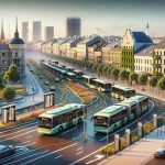 Generate a realistic high-definition image showcasing the public transport expansion in the city of Szczecin, emphasizing the increase in electric buses as a part of sustainable development. The scene should depict electric buses moving along city streets, with visible charging stations and renewable energy sources used for charging. The architecture and layout of the city should reflect Szczecin's unique charm and character.