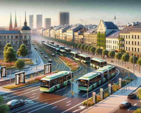 Generate a realistic high-definition image showcasing the public transport expansion in the city of Szczecin, emphasizing the increase in electric buses as a part of sustainable development. The scene should depict electric buses moving along city streets, with visible charging stations and renewable energy sources used for charging. The architecture and layout of the city should reflect Szczecin's unique charm and character.