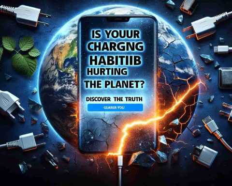 Generate a realistic HD photo featuring the concept 'Is Your Charging Habit Hurting the Planet? Discover the Truth'. The image should vividly express the sentiment of environmental concern linked to excessive power usage. Perhaps include elements like chargers, electronic devices, and a background of a fragile Earth. Definitely include symbolic imagery such as a lightning bolt signifying power and a cracked earth image demonstrating environmental damage. Overlay the text 'Is Your Charging Habit Hurting the Planet? Discover the Truth' prominently on this visual representation.