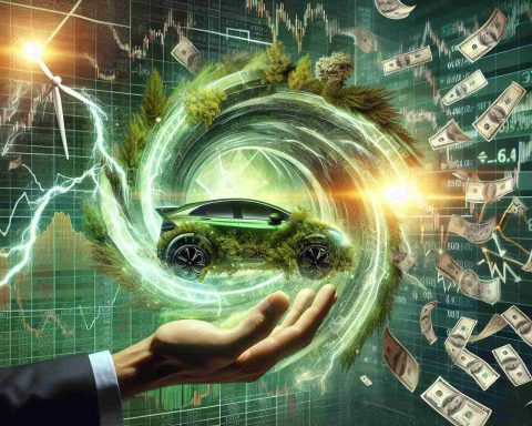 Generate a high definition, realistic image that represents the concept of discovering the secrets behind the innovations in Electric Vehicle technology. The image should also depict how financial turmoil could stimulate change, possibly showing fluctuating stock market charts or graphics, a visual representation of money in peril, and a transition into green, sustainable solutions symbolizing the evolution and innovation in the EV industry.