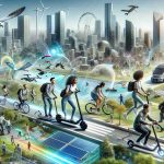 A high-definition, realistic image of the evolving landscape of urban mobility solutions. In the foreground, show a few people of different descents like Caucasian female, Black male, South Asian female, and Middle Eastern male energetically using modern transport methods like electric scooters, bicycles, and ride-sharing services. In the background, portray a bustling city with skyscrapers, hinting at the urban context. As a symbol of progress, include renewable energy sources like solar panels and wind turbines. There's a clear blend of technology and sustainability in the image, reflecting the growing interest in and acceptance of these new mobility solutions.