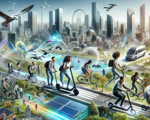 A high-definition, realistic image of the evolving landscape of urban mobility solutions. In the foreground, show a few people of different descents like Caucasian female, Black male, South Asian female, and Middle Eastern male energetically using modern transport methods like electric scooters, bicycles, and ride-sharing services. In the background, portray a bustling city with skyscrapers, hinting at the urban context. As a symbol of progress, include renewable energy sources like solar panels and wind turbines. There's a clear blend of technology and sustainability in the image, reflecting the growing interest in and acceptance of these new mobility solutions.