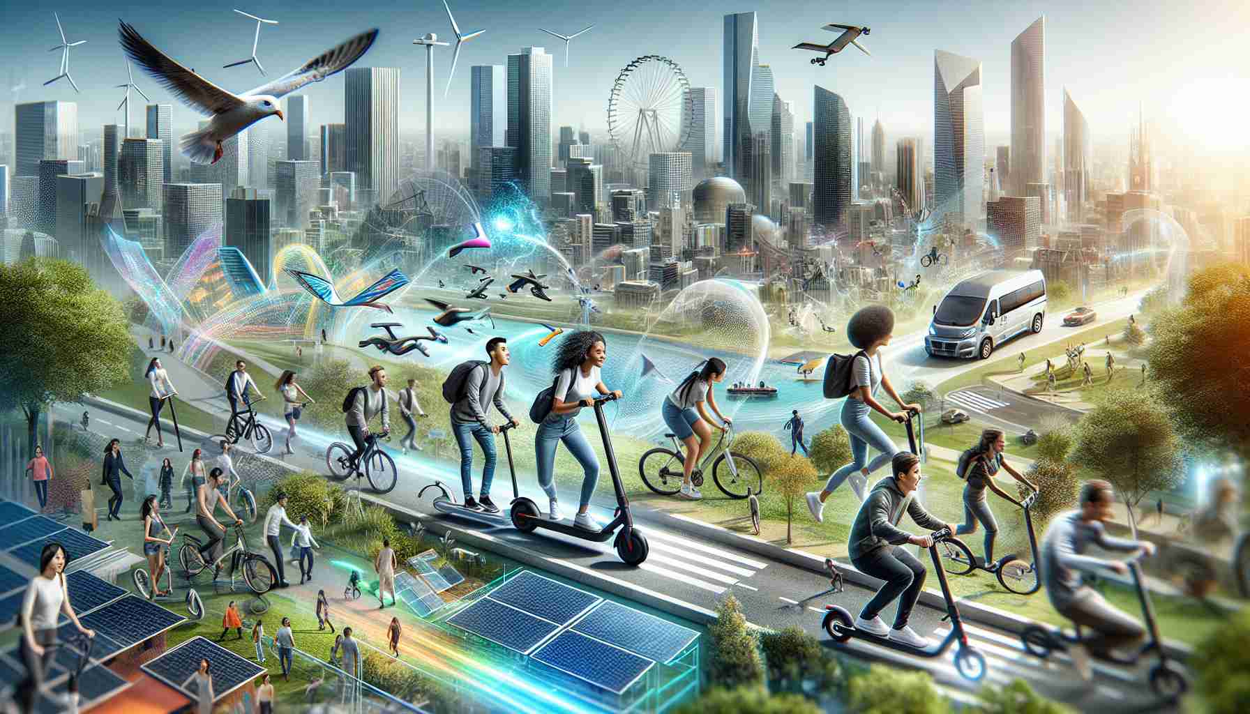 A high-definition, realistic image of the evolving landscape of urban mobility solutions. In the foreground, show a few people of different descents like Caucasian female, Black male, South Asian female, and Middle Eastern male energetically using modern transport methods like electric scooters, bicycles, and ride-sharing services. In the background, portray a bustling city with skyscrapers, hinting at the urban context. As a symbol of progress, include renewable energy sources like solar panels and wind turbines. There's a clear blend of technology and sustainability in the image, reflecting the growing interest in and acceptance of these new mobility solutions.