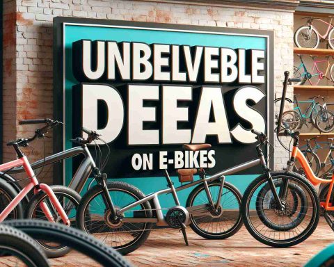 Create a realistic, high-definition image promoting 'Unbelievable Weekend Deals on E-bikes'. The text should convey urgency and excitement, perhaps with bold and eye-catching fonts. The backdrop should feature e-bikes in a variety of models and colors to appeal to a wide range of consumers.