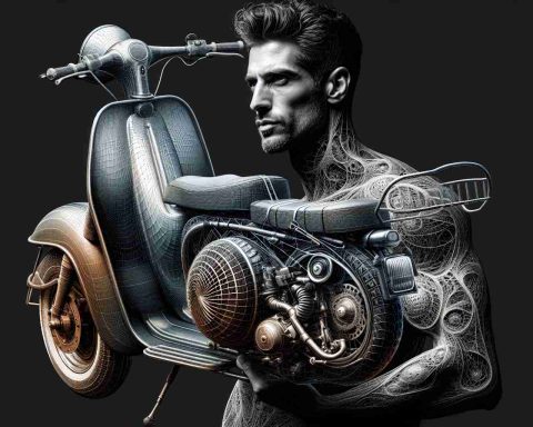 Generate a detailed, crystal-clear image of a man and his extraordinary scooter. The scooter is not just any regular ride but features remarkable modifications and customizations that set it apart. The man, a Caucasian with a medium build, shows a deep connection with his unique ride, exuding confidence and pride in his innovative creation.