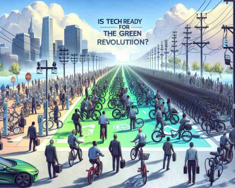 Generate a realistic high-definition image that visualizes the concept of California's electric bike revolution. Show a multitude of e-bikes - some docked at charging stations, others being ridden by a mix of Caucasian, Hispanic, Black, Middle-Eastern, South Asian, White men and women. Also, illustrate the challenges in the form of literal hurdles on a symbolic path leading towards a green future embodying the sustainable efforts. Include a question in the sky: 'Is Tech Ready for the Green Revolution?' to symbolize the underlying query concerning this transformation.