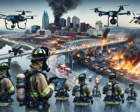 A realistic, high-definition image showing the future of firefighting in a city like Chattanooga. This image includes modern technology being utilized by fire departments. This modern technology includes drones for reconnaissance, augmented reality helmets for improved navigation through smoke-filled environments, and fire-resistant robots being used for recon or even extinguishing fires. Some of the mobilized firefighters are digitally connected, showcasing wearables for communication and health monitoring. In the background, the city's skyline is partially obscured by the smoke from a large blaze, underlining the real, tangible challenges these advances are designed to address.