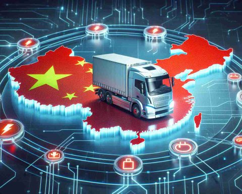 Create a high-definition, realistic image that visually communicates the idea of China becoming a dominant player in the electric truck market. Show a map of China in the background, with symbolic signs such as electric lightning bolts or charging icons scattered around. Also, portray a cutting-edge electric truck with Chinese aesthetics on the forefront. Do not represent any specific real-world models or brands.