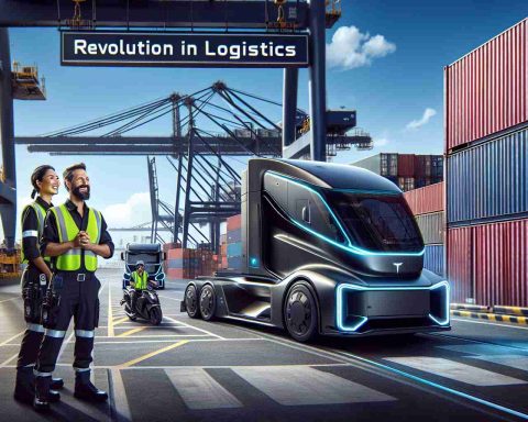 Capture the essence of revolution in logistics. The scene is a busy Australian port with shipping containers and cranes. The focal point of the scene is the groundbreaking electric vehicle, a stylish and futuristic truck, making its first appearance. It is not just silent, but also doesn't emit any fumes, underlining its status as a clean mode of transport. The drivers are a South Asian woman and a Middle-Eastern man, both in their uniforms, looking thrilled at the prospect of their sustainable journey. The sky in the backdrop is clear blue, symbolically promising a cleaner future.