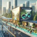 Generate a high-definition, realistic image showcasing the revolution of the cycling industry oriented towards sustainability. This scene should include a variety of bicycles made from eco-friendly materials on display in a beautiful, green cityscape. To the side, there are large posters explaining the environmental benefits of these sustainable bicycles. The city should have thriving vegetation and solar panels on roofs, hinting at a society dedicated to green initiatives. People of various descents and genders are passing by, admiring the bicycles while engaging in conversations about the sustainability of the cycling industry.